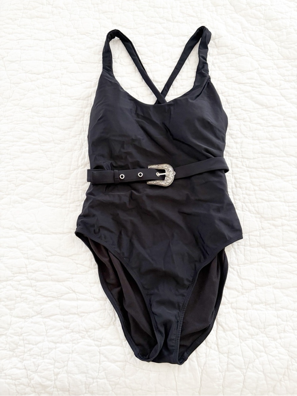 L (11/13) No Boundaries Black One-Piece Swimsuit with Silver Buckle Belt